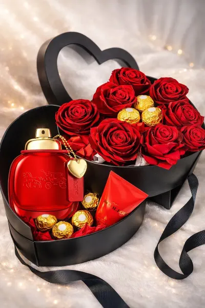 Caja romántica con rosas y perfume realizada por POP