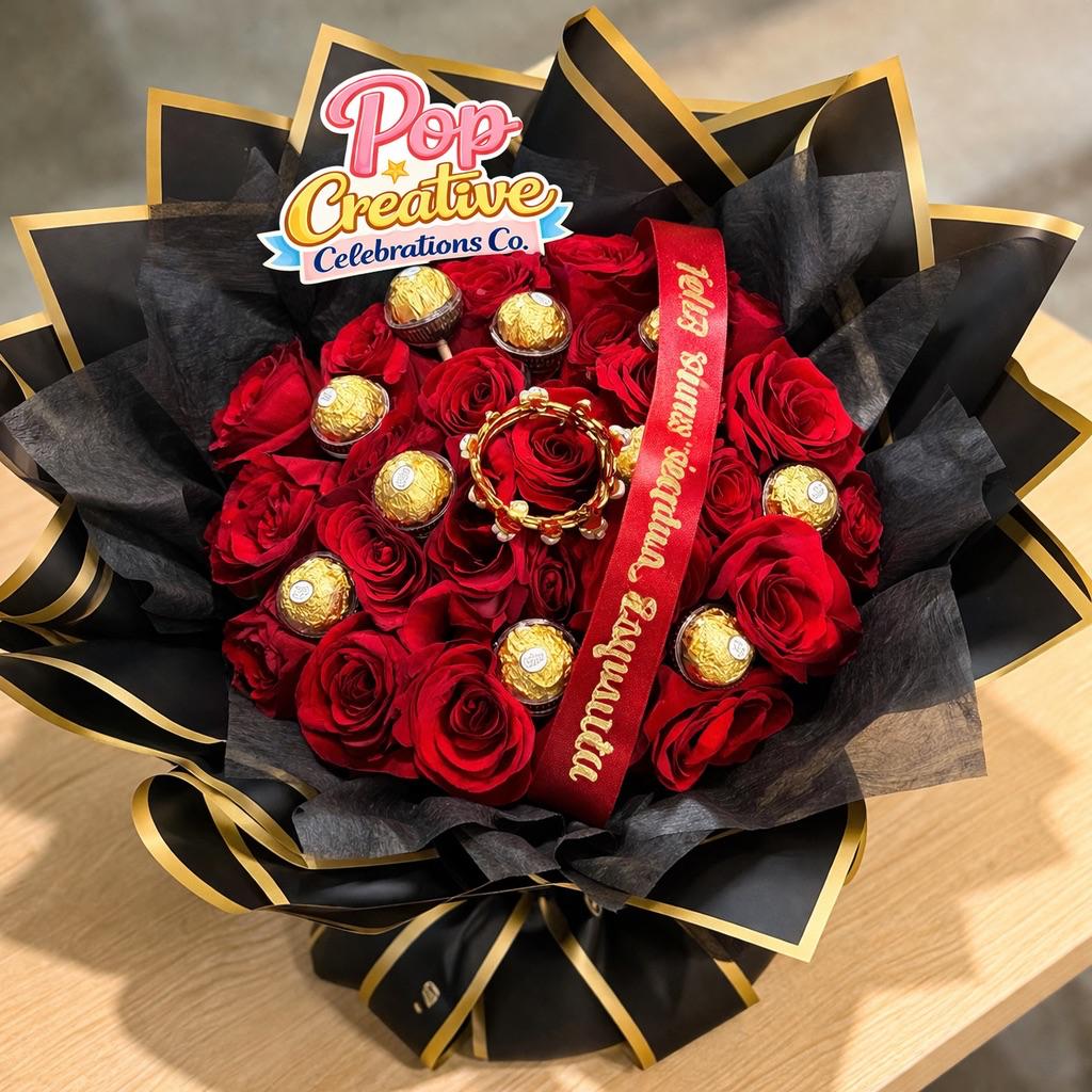Rosas rojas con chocolates y presentación negra y dorada